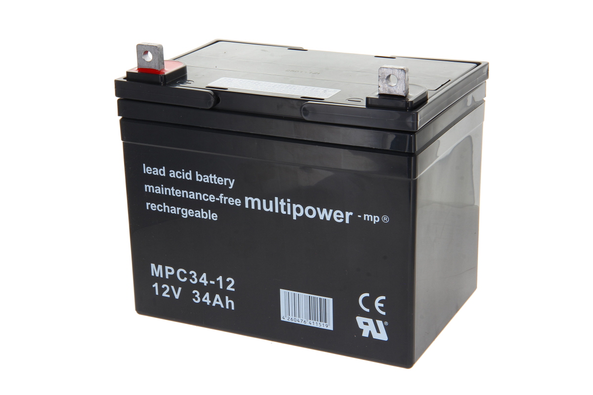 Batteria al piombo nera rettangolare Multipower MPC34-12 (12V 34Ah) con due terminali a vite M6 superiori, uno contrassegnato in rosso. Lato anteriore con scritte bianche, codice a barre e marchio CE. Resistente ai cicli di carica/scarica, versatile.