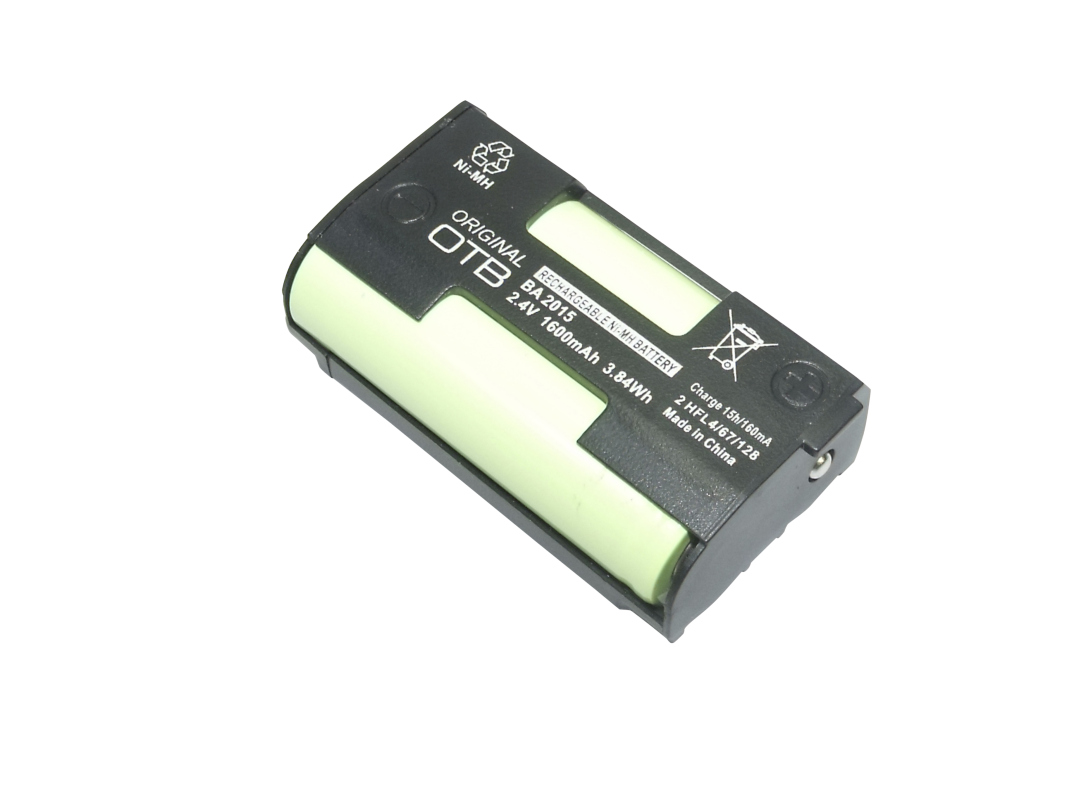 A rectangular black NiMH battery with light green cells. Labelled: ‘BA 2015’, ‘2.4V 1600mAh’ and ‘Rechargeable Ni-MH Battery’. Replacement for Sennheiser handheld/pocket transmitters and pocket receivers (G2/G3).