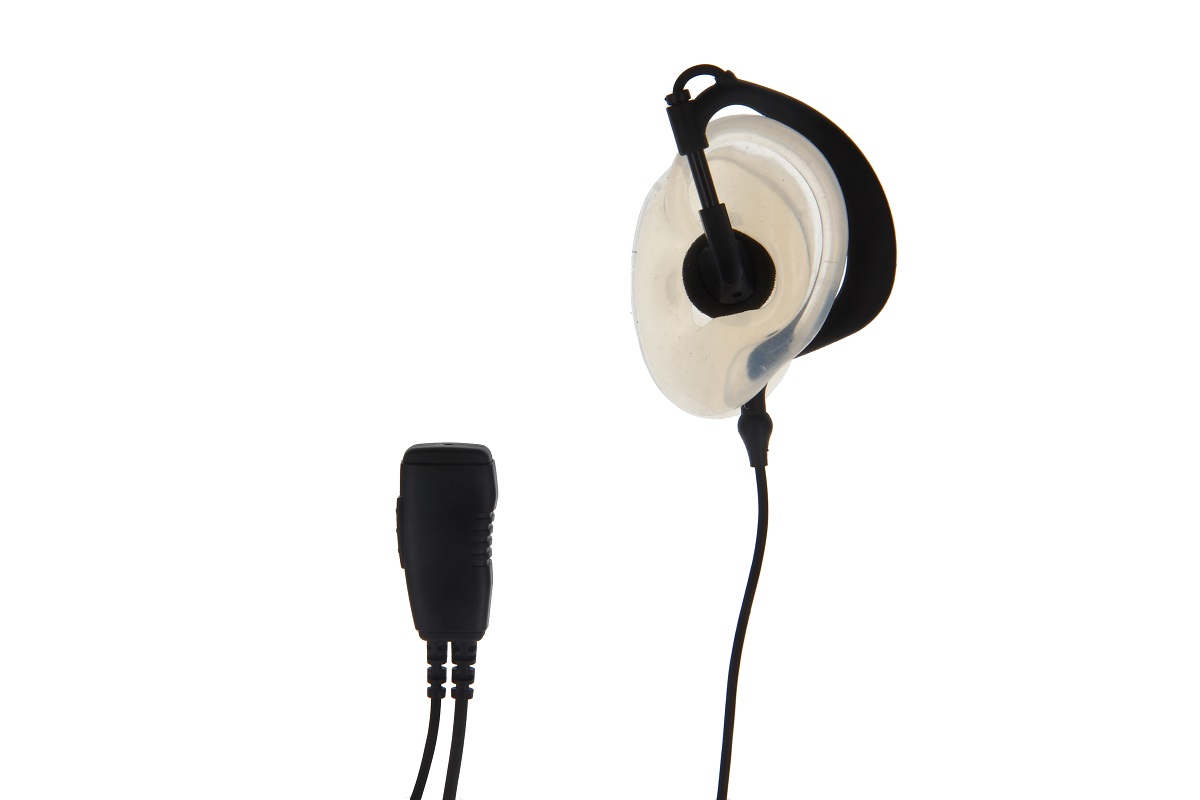 CoPacks Cuffia GES-P02 con auricolare trasparente e pulsante di conversazione separato. Auricolare bianco opaco da indossare dietro l'orecchio con altoparlante nero. Cavo sottile nero al pulsante allungato.
