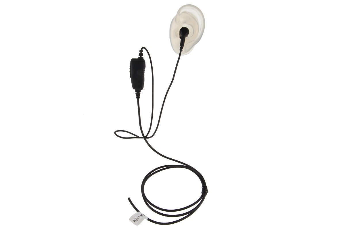 Auricolare con cavo nero e auricolare trasparente a forma di condotto uditivo. Cavo collegato al pulsante PTT in linea nero con microfono integrato. Cavo arrotolato con etichetta bianca "COPACKS". Compatibile con serie SL Motorola.