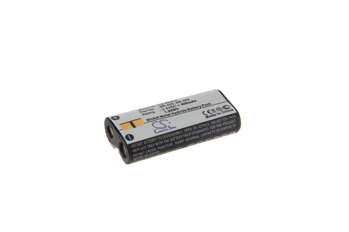 Small silver-grey NiMH rechargeable battery with black terminals and clear positive/negative markings on the contacts. Labelled ‘BR-403’ and rated at 2.4 V DC, 800 mAh, ideal for Olympus DS-series dictation machines.