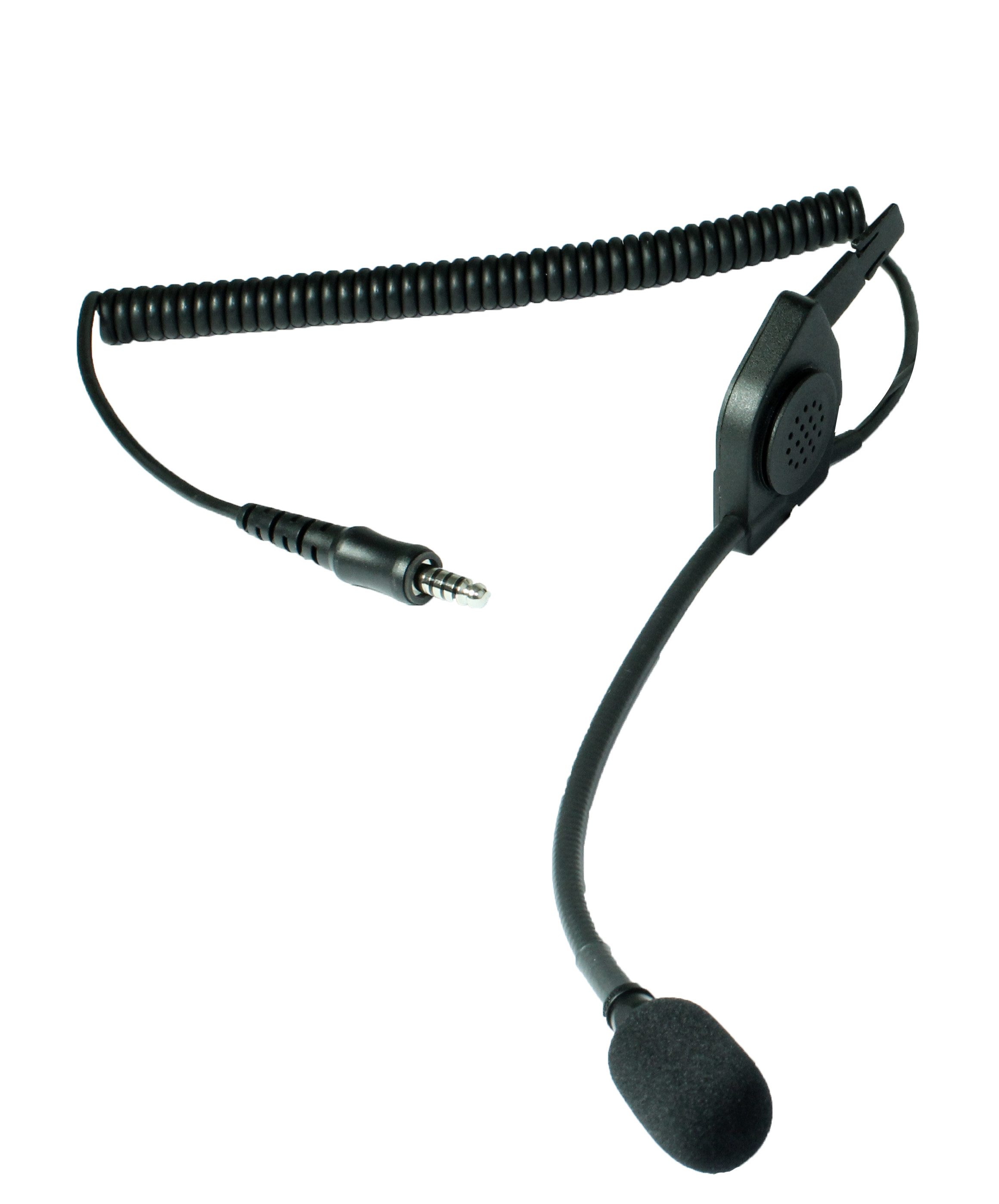 Set microfono per casco nero TITAN HUC5 su sfondo bianco. Con cavo a spirale nero e jack 3,5 mm. Modulo auricolare con altoparlante perforato e microfono electret flessibile con protezione antivento in schiuma, compatibile MSA F1SF e F2.