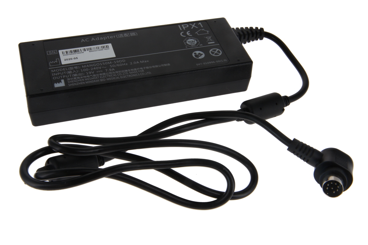 Black, rectangular ‘ Mindray ’ power supply (AC adapter) with clearly legible labelling: model MANGO150M-19DD, output 19V. Black cable, loosely coiled, ending in a round multi-pin plug. Certification logos on the top.