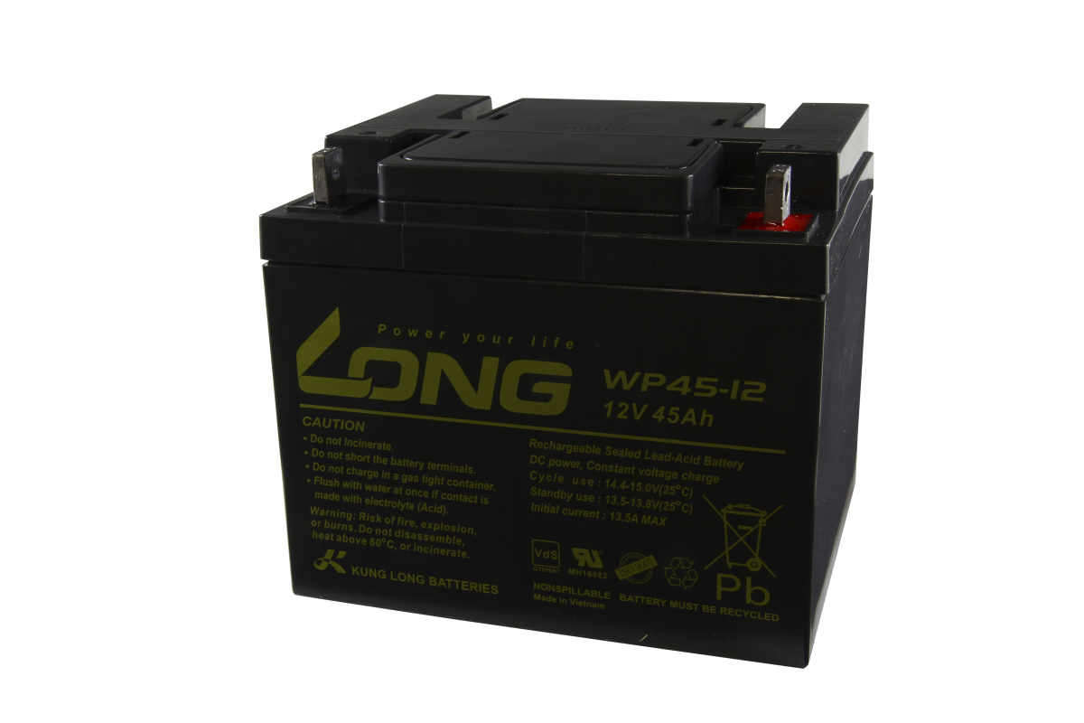 Black Long lead-acid battery WP45-12, 12V 45Ah, yellow ‘LONG Power your life’ lettering, tech specs and safety instructions on front. Two silver top terminals, red positive. White background, compact rectangular shape.