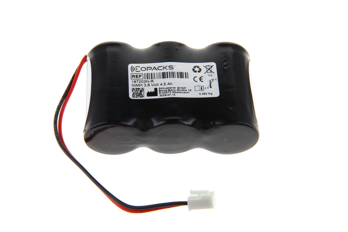 Black NiMH battery pack comprising three D-cells connected in series, for emergency and safety lighting. Labelled: ‘ COPACKS ’, 3.6 V, 4.5 Ah. Red and black cables with a white JST connector.