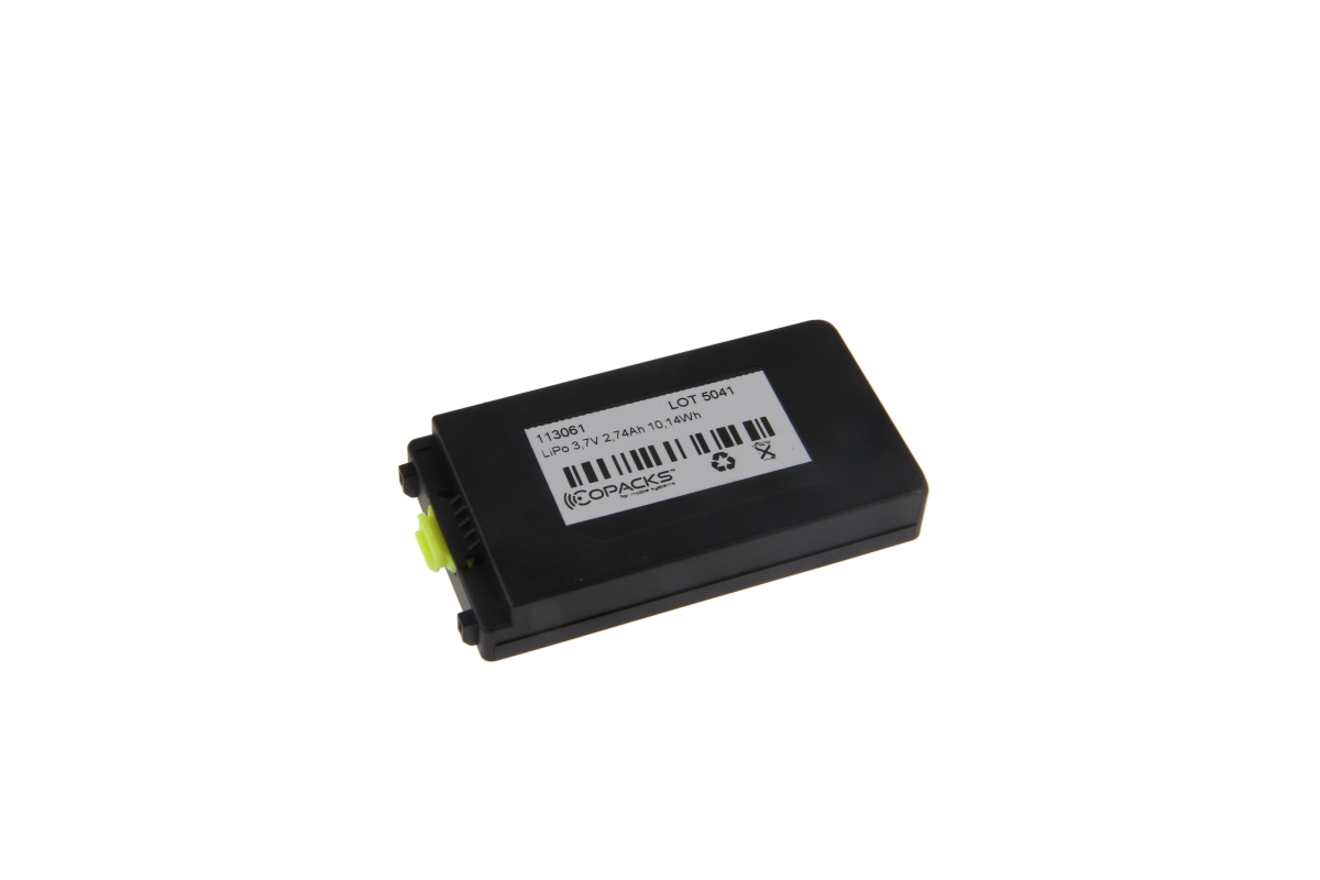 Batería LiPo negra rectangular con etiqueta blanca: COPACKS, «LiPo 3,7 V 2,74 Ah 10,14 Wh», código de barras y símbolos de reciclaje. Conector verde claro lateral. Compatible con escáneres Symbol MC3000/3070/3090 y MC3100.