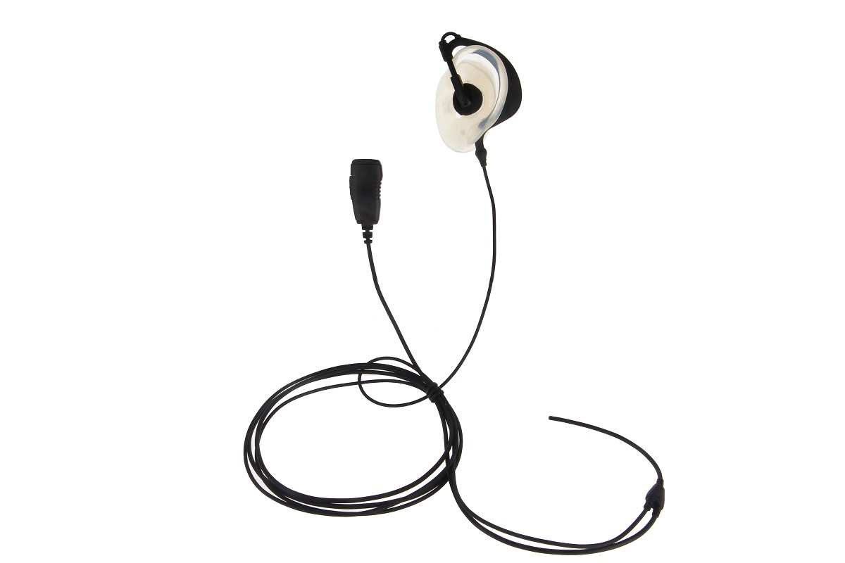 Black headset with a transparent, flexible ear hook and a small, cylindrical microphone. The cable is partially coiled and ends in a plug compatible with Motorola Talkabout TLKR two-way radios for hands-free use.