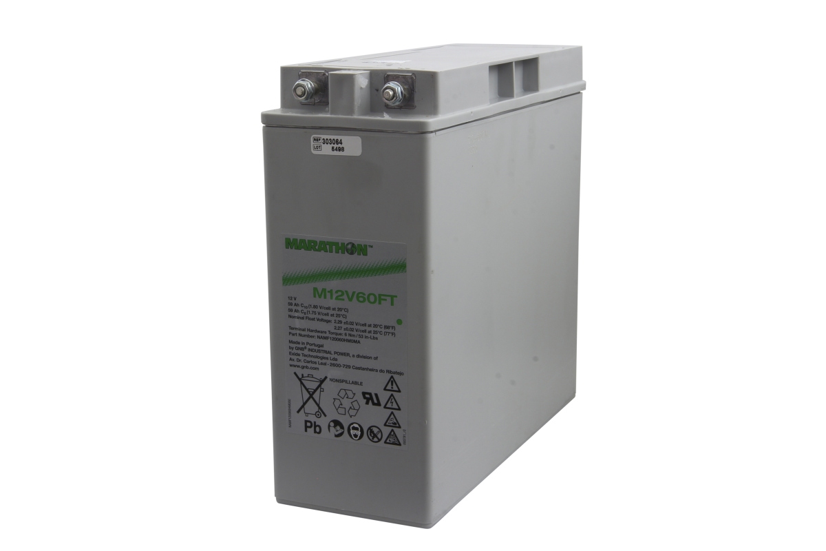 Grey, rectangular Exide Marathon AGM battery M12V60FT with two silver screw terminals on top. Label on the side: MARATHON, M12V60FT, 12 V, 59 Ah. Warning and recycling symbols, including Pb.