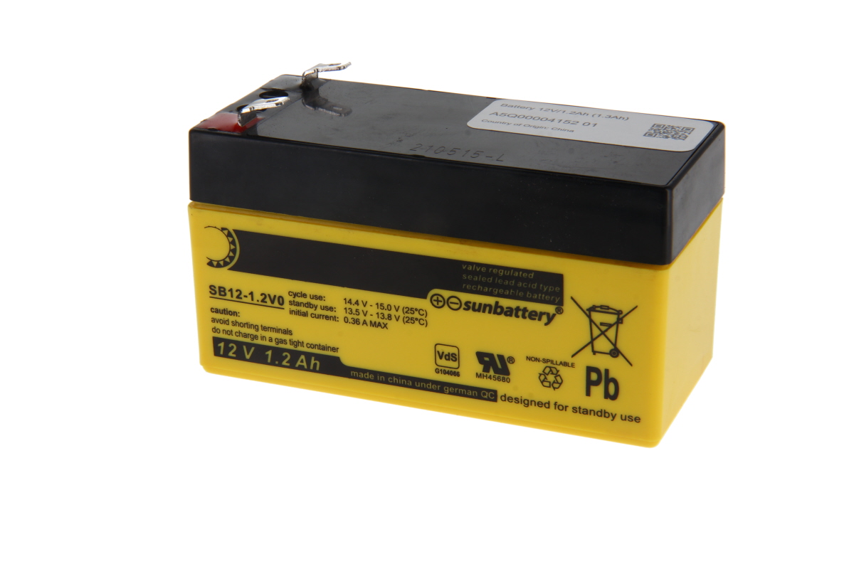 Batteria al piombo-gel (AGM) SUN gialla e nera (SB12-1.2VO), 12 V, 1,2 Ah. Sul lato giallo: SUNbattery, dati operativi (ciclo/standby) e avvertenze di sicurezza. In alto 2 connettori Faston argentati. Simbolo di riciclaggio e Pb visibile.