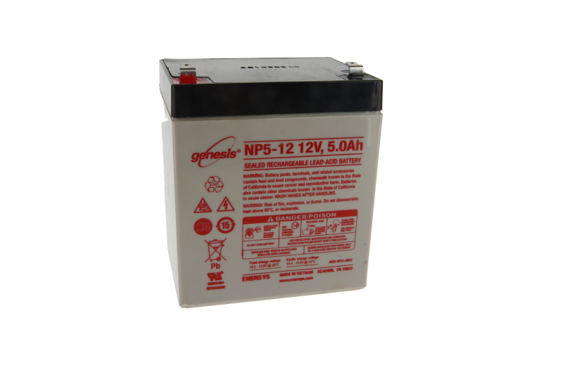 Enersys ’s light grey Genesis NP5-12 lead-acid battery (12V, 5.0Ah) with a black top and two terminals. The label shows the Genesis logo, model number and important safety instructions for this sealed lead-acid battery.