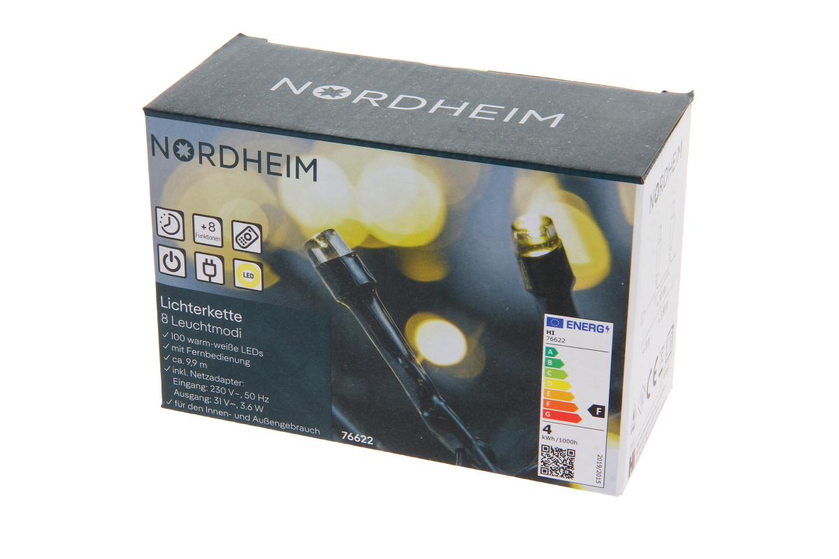 Product packaging for the NORDHEIM LED string lights with 100 warm-white LEDs. The box shows glowing, warm-white LEDs on a dark cable. 9.9 m long, 8 lighting modes, remote control, suitable for indoor and outdoor use.