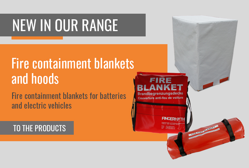 New fire safety products: white protective hood, red ‘FIRE BLANKET’ carry bag and rolled-up red ‘CAR FIRE BLANKET’. Designed to contain fires, particularly those involving batteries and electric vehicles, as a safety solution.