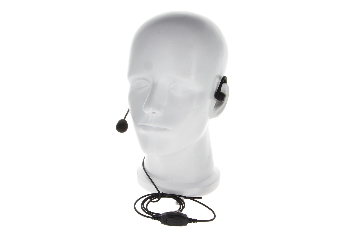 Ein schwarzes Open-Ear Headset mit flexiblem Schwanenhalsmikrofon und Schaumstoffwindschutz, angelegt an einem weißen Schaufensterpuppenkopf. Es umschließt das rechte Ohr, während ein Kabel mit einer Inline-PTT-Taste vor dem Hals entlang nach unten führt.