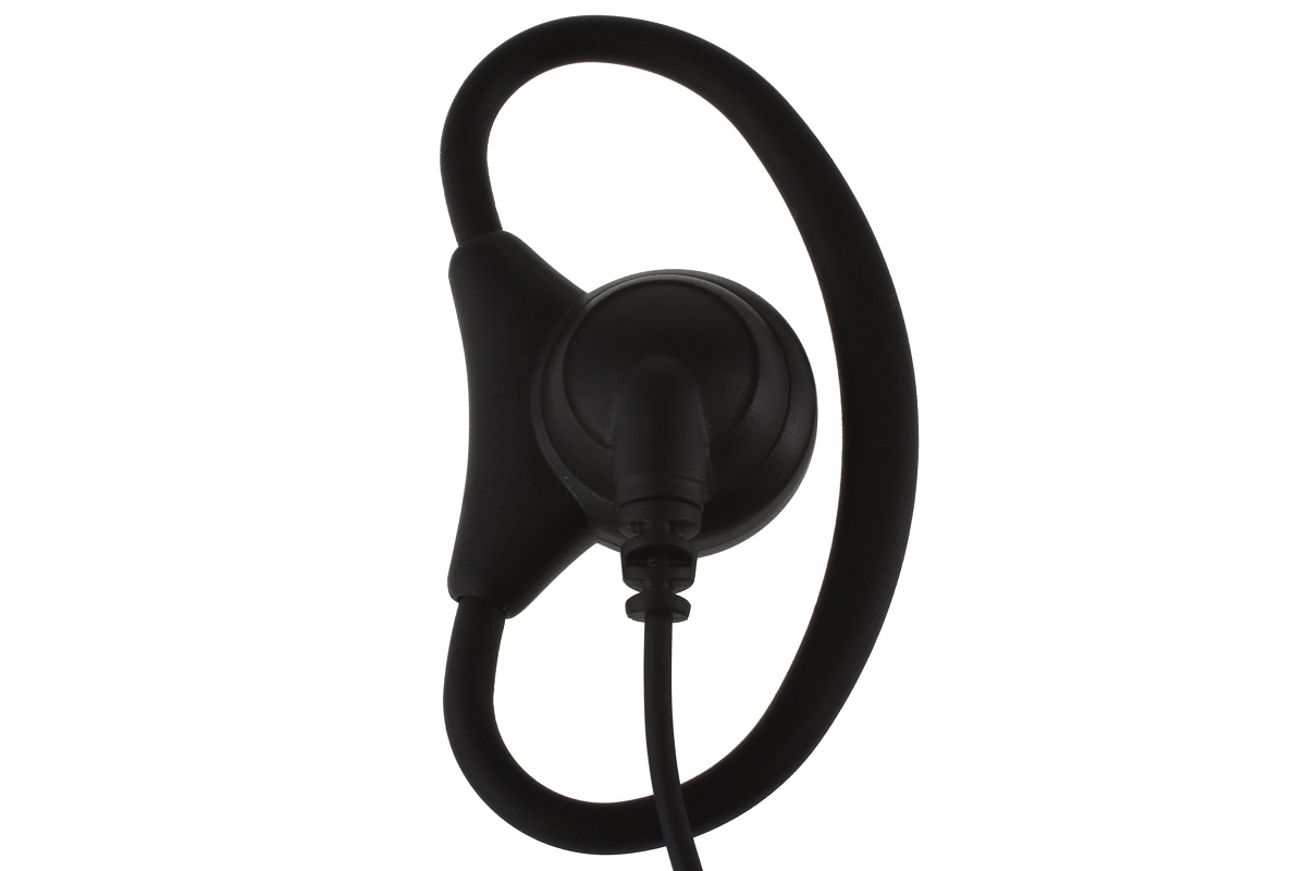 Auriculares negros GES-PB3 de CoPacks, con ganchos en forma de D ajustables y fabricados en material suave. Auriculares redondos fijados en la parte superior y cable negro fino en la parte inferior. Se muestran sobre fondo blanco.