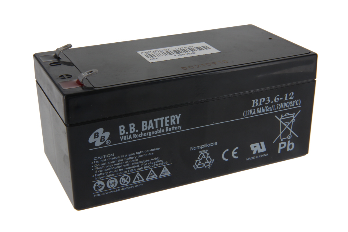 Black, rectangular lead-acid battery with two terminals on top. Label: ‘B.B. Battery VRLA Rechargeable Battery’, model ‘BP3.6-12 (12V, 3.6Ah)’. Original battery for the Weinmann Accuvac Basic suction pump.