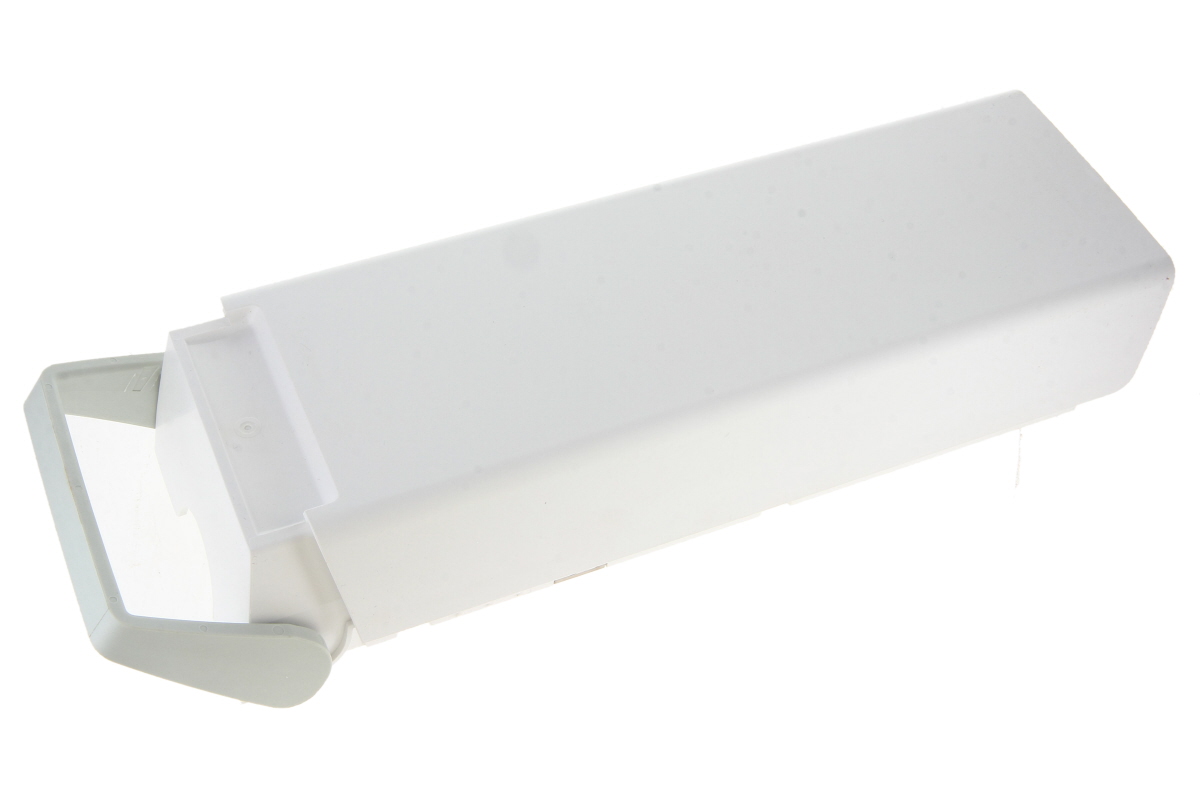 Linak Batterilåda typ BAL40, rektangulär och vit, med ljusgrått, rundat handtag på vänster sida. Slät yta med små detaljer från plastformen. I något snett ovanifrånperspektiv, isolerad mot vit bakgrund.
