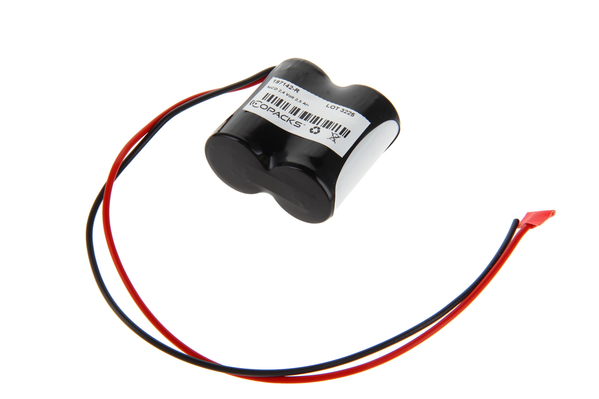 Black NiCD battery pack for emergency and safety lighting, comprising two shrink-wrapped C-cells. White label: COPACKS, 2.4 V, 2.5 Ah. Two cables (red/black) with a red plug.