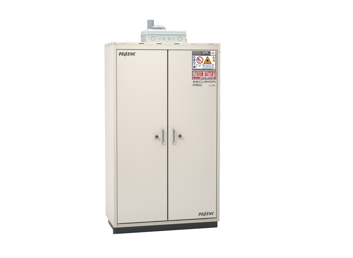 Beige-coloured PELLENC SECURION Type 90 safety cabinet with two doors and silver handles for the safe storage and charging of lithium-ion batteries. Features a ventilation unit at the top, warning signs on the right and a dark plinth.