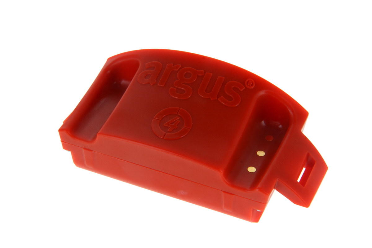Red NiMH battery for the Rosenbauer Argus 4 thermal imaging camera, featuring a robust, rounded design. The top bears the word ‘argus’ and an embossed ‘4’, whilst the sides feature two gold-coloured contact pins. Ready for use.