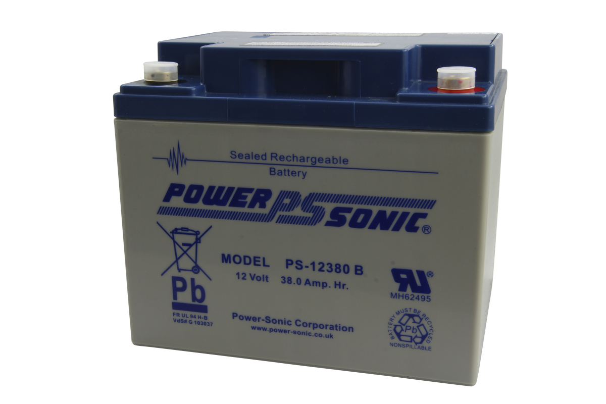 Grey rectangular ‘Powersonic’ lead-fibre battery PS-12380B with blue top and carrying handle. Power Sonic logo front, ‘12 Volt 38.0 Amp. Hr.’ plus lead-acid battery and recycling info. Two top terminals visible.