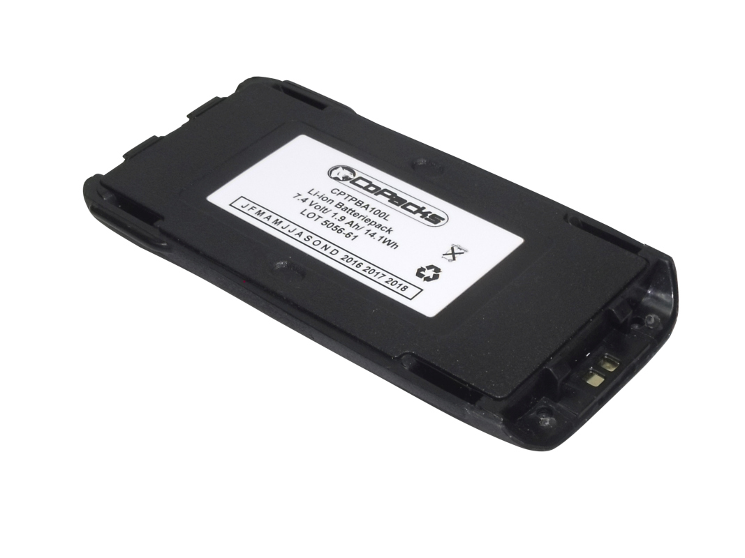 Batteria agli ioni di litio nera e rettangolare di CoPacks per ricetrasmittenti Tait TP8100/TP9300. Etichetta bianca: modello CPTPBA100L, 7,4 V, 1,9 Ah, 14,1 Wh, simboli di riciclaggio. Contatti dorati visibili.