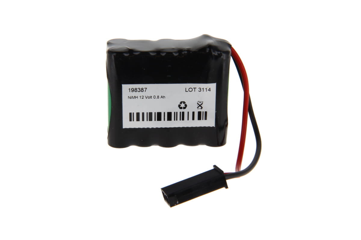 Black NiMH battery with a white label bearing the text ‘198387’, ‘LOT 3114’ and ‘NiMH 12 Volt 0.8 Ah’, as well as disposal symbols. Two cables, red and black, lead to a black plug. The battery is rectangular and suitable for Roma roller shutter motors.