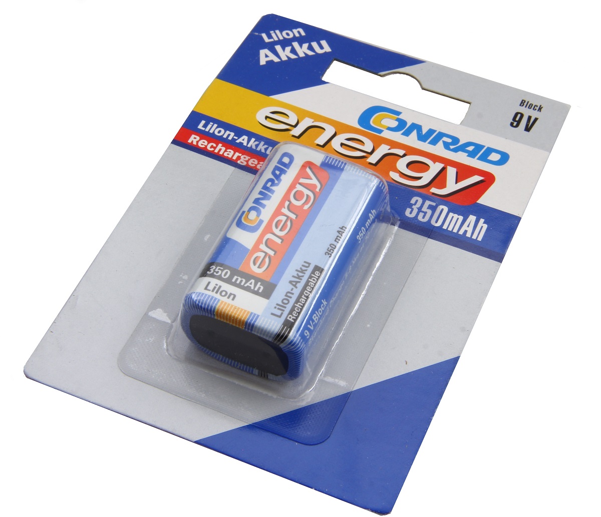 Ein Conrad energy Li-Ionen 9V Block Akku in seiner Blisterverpackung. Der Akku ist blau und weiß beschriftet mit "350 mAh" und "Rechargeable". Die Verpackung hat eine blaue Rückseite und gelbe Akzente, mit der Aufschrift "Lilon Akku" und "energy 350mAh".