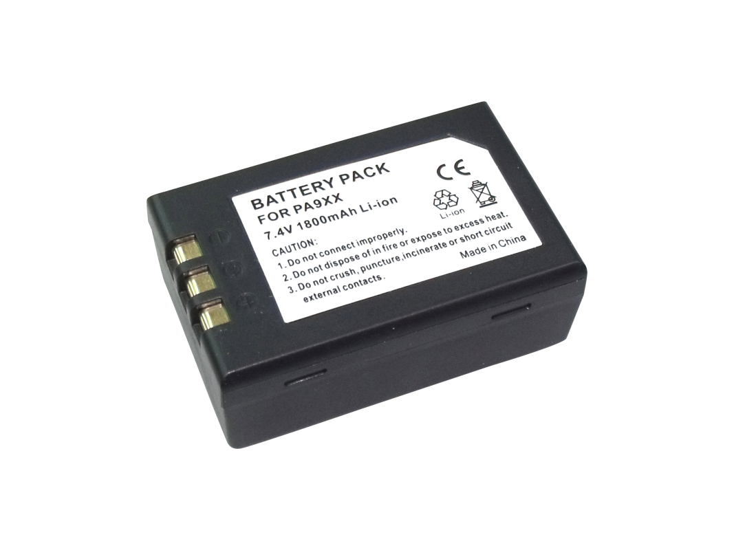 Batería de iones de litio negra y rectangular con inscripción en blanco: «BATTERY PACK FOR PA9XX 7,4 V 1800 mAh Li-ion». Compatible con Unitech PA960, PA962, PA963, entre otros. Se ven tres contactos dorados en el lateral.