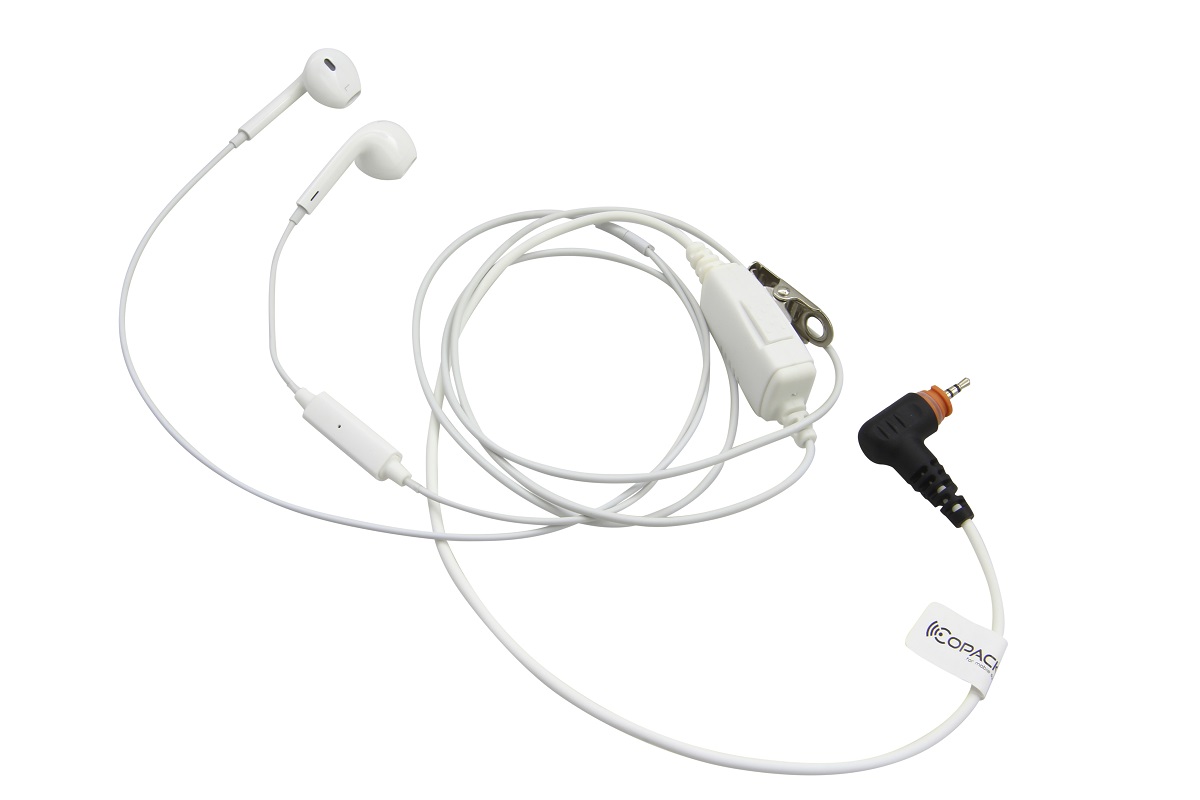 White ‘ CoPacks ’ headset with in-ear headphones for discreet wear. Cable with in-line microphone and PTT button. Visible additional control unit with metal clip, followed by an angled jack plug.