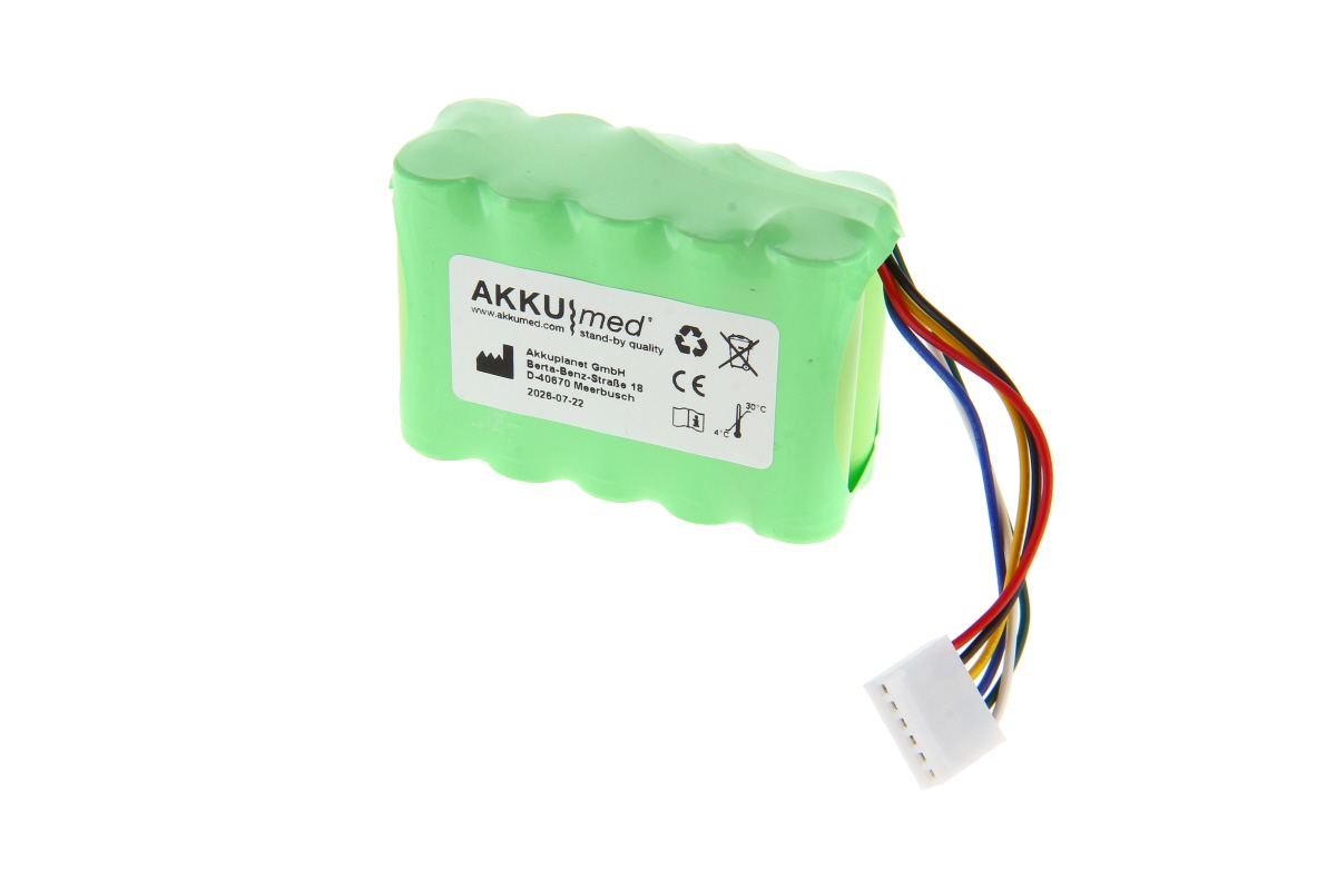 A light green, rectangular NiMH battery pack with a white label (AKKUmed logo, manufacturer’s details). Several coloured cables run down the side to a white plug. Suitable for Codan Argus infusion pumps 606, 601260.