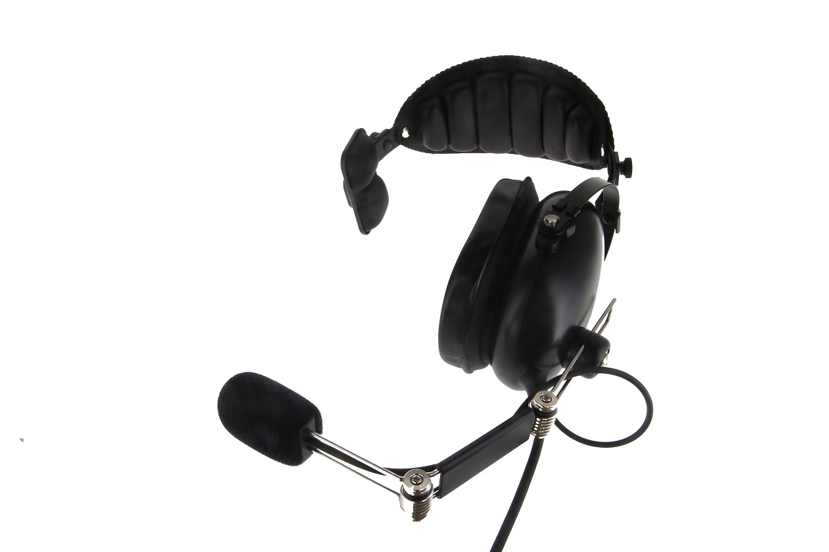 Auriculares de piloto negros de un solo lado de CoPacks con auriculares grandes y diadema acolchada. Brazo de micrófono flexible con recubrimiento de espuma. Auriculares profesionales para equipos de radio de Motorola.