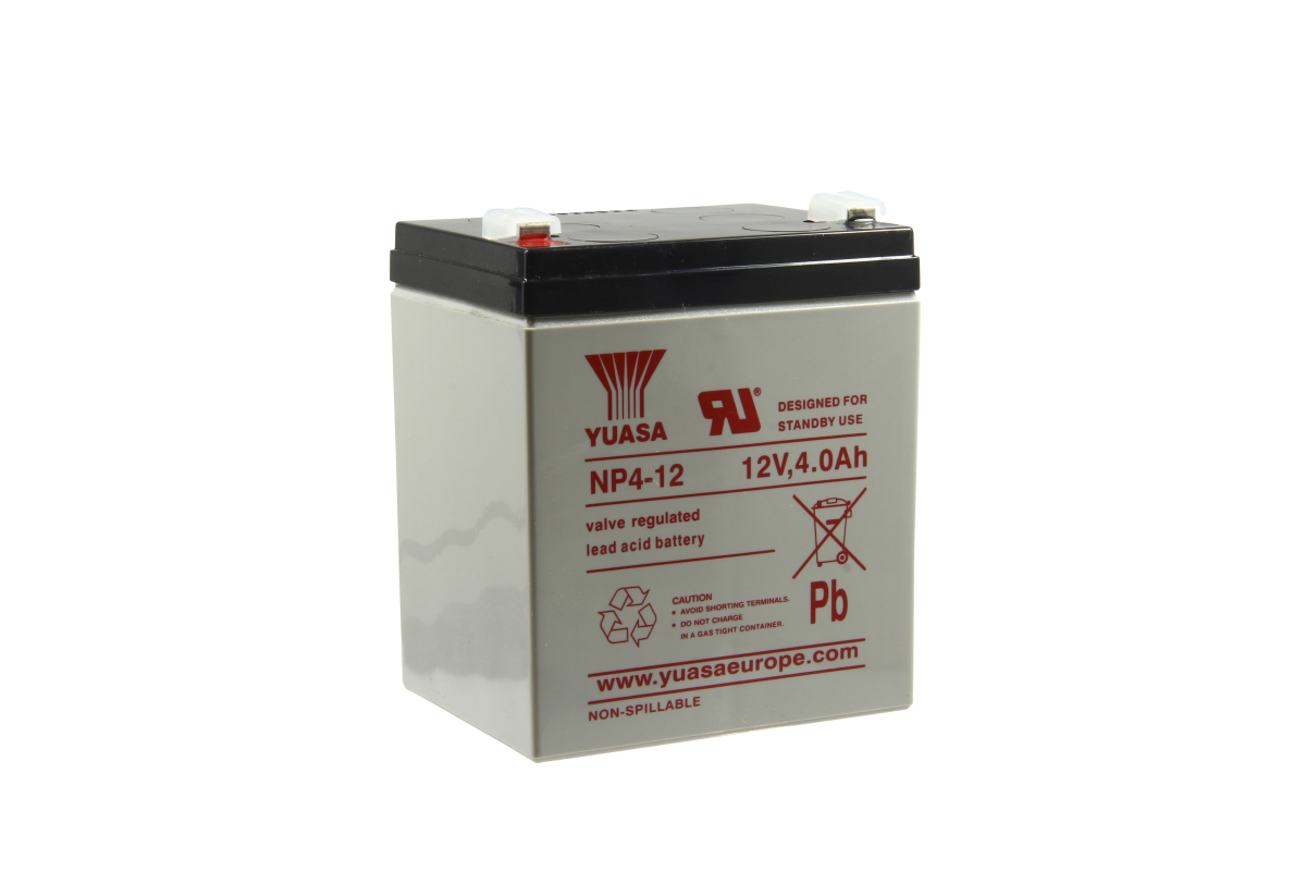 Grey, rectangular ‘ Yuasa ’ lead-glass fibre mat battery NP4-12 with a black top and two white terminals, one marked in red. Labelling: 12V, 4.0Ah, “valve-regulated lead-acid battery”, “Designed for standby use”.