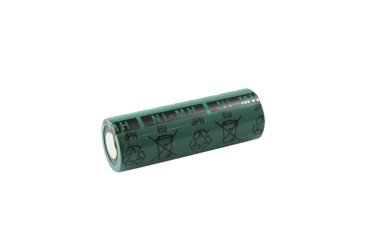 Cylindrical FDK NiMH battery, AF cell, HR-AUE industrial version, with a dark green casing on a white background. Markings: ‘Ni-MH’, ‘JPN’, ‘EU’ and recycling/disposal symbols. The shiny end face indicates the positive terminal.