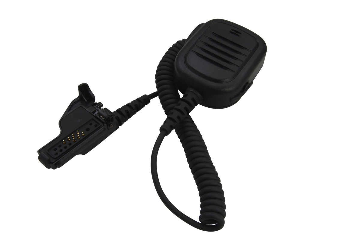 Microfono esterno nero per altoparlante TITAN MM13 con ampia griglia e pulsante PTT frontale. Collegato tramite robusto cavo a spirale con connettore multipolare e clip girevole. ATEX/IECEx per Motorola GP900.