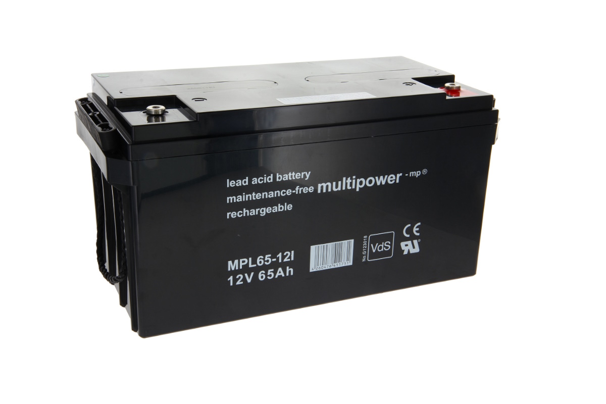 Batería de plomo MPL65-12I (12 V, 65 Ah) Multipower, negra y rectangular. Dos bornes atornillables arriba: positivo rojo, negativo plateado. Carcasa robusta «maintenance-free» y «rechargeable». Asa de transporte.