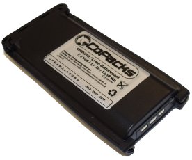 Ett svart, rektangulärt CoPacks Li-Ion-batteri för Hytera TC700- och TC780-radioapparater. Tillverkaruppgifterna CoPacks CPN0708, 7,4 Volt, 1,7 Ah och 12,58 Wh framgår av etiketten. På sidan finns tre kontaktpunkter av metall för laddning.
