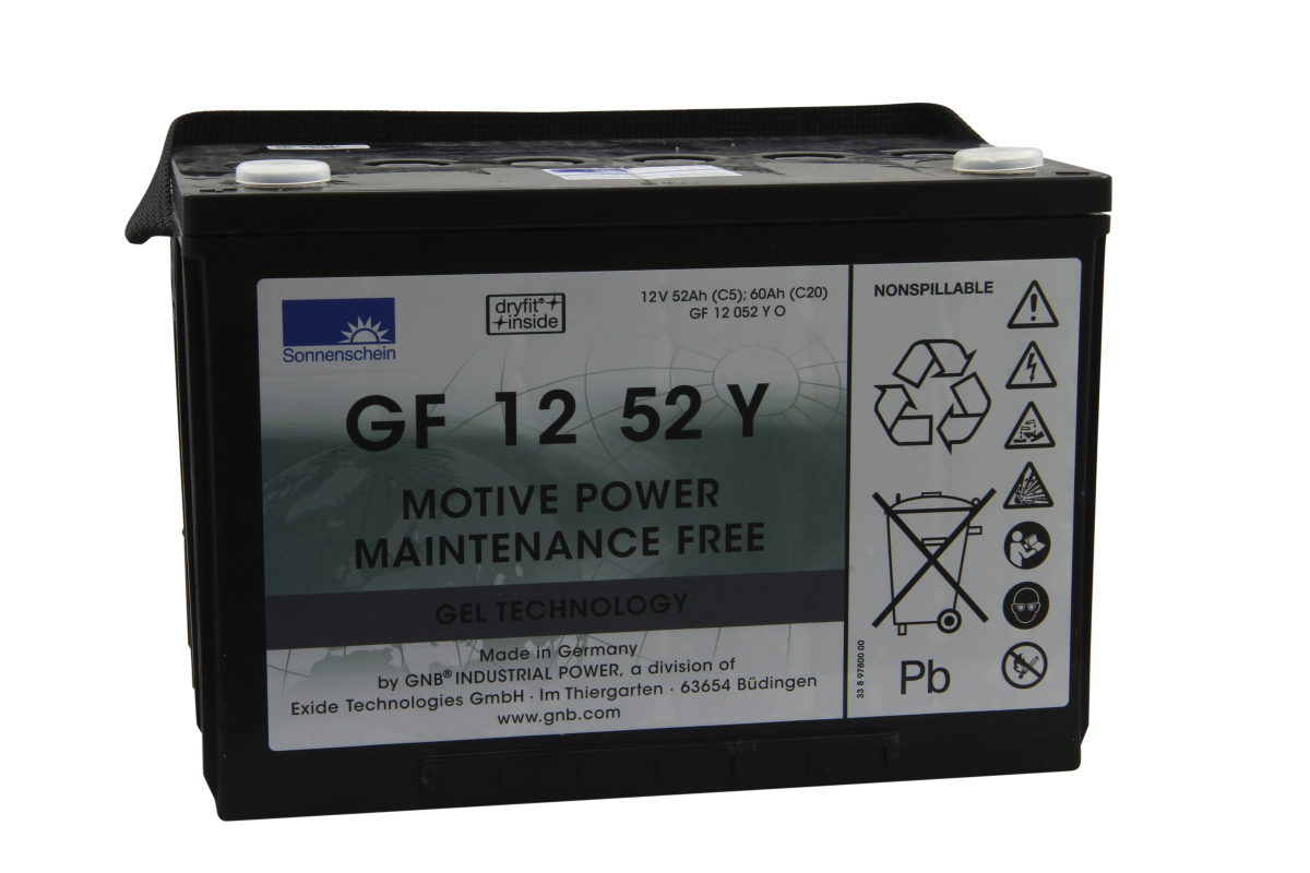 Batteria al piombo-gel Sonnenschein GF 12 52 Y, nera, rettangolare, con tappi a vite bianchi. Etichetta: logo Sonnenschein, Motive Power, esente da manutenzione, Gel Technology, Made in Germany, avvertenze di sicurezza e riciclaggio.