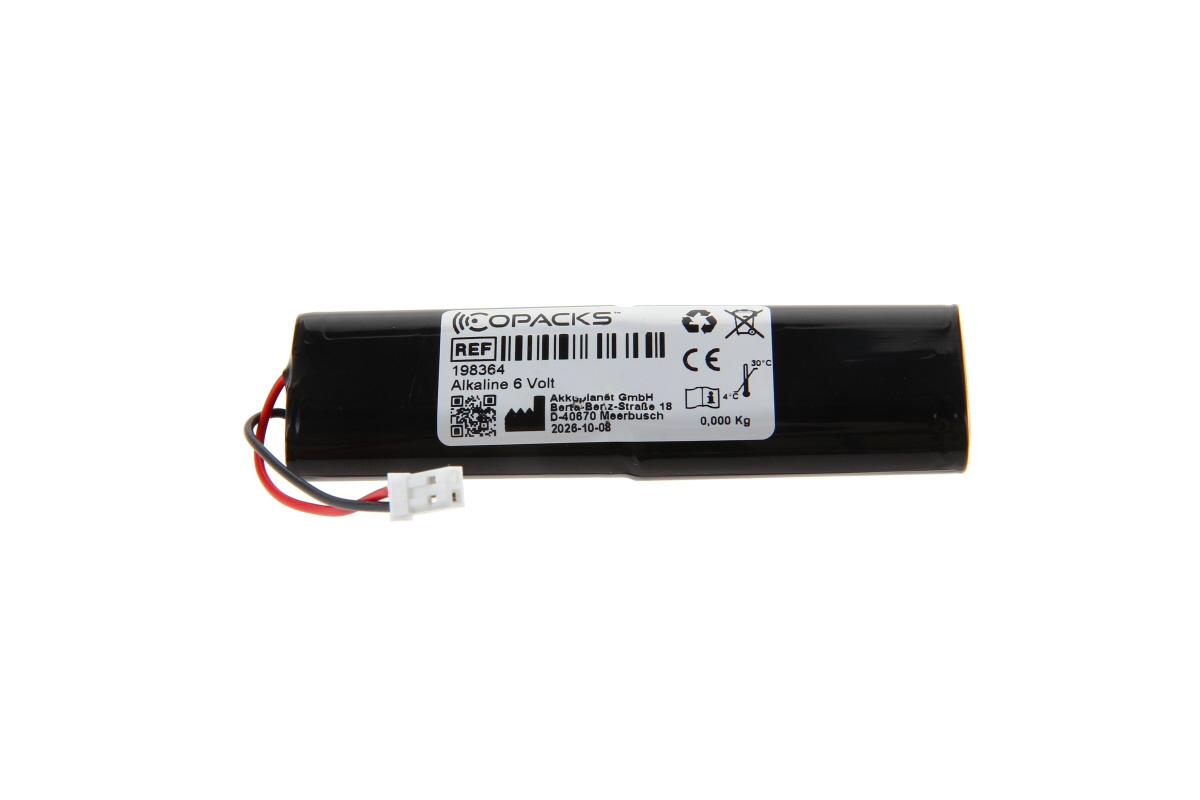 Pacchetto batterie alcaline CoPacks (6 V) di forma cilindrica allungata, di colore nero. Ad un'estremità cavi rosso e nero con un piccolo connettore JST bianco. Etichetta bianca: «COPACKS », «Alkaline 6 Volt», n. rif. 198364.
