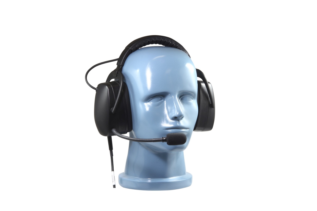 Modello da vetrina azzurro con cuffie Clearcom TITAN, archetto e microfono neri, avvolgenti. Padiglioni auricolari spessi, archetto imbottito, microfono orientabile con schiuma. ATEX/IECEx.