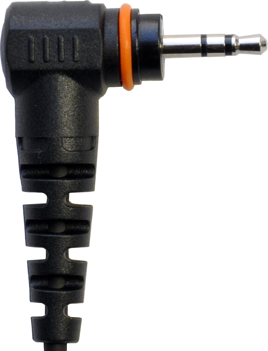 Un connettore jack a 3 poli nero angolato con anello di tenuta arancione per cuffie o microfono, compatibile con le radio Hytera, come BD305LF, PD355, PD365. Il connettore è dotato di una robusta protezione anti-piegatura.