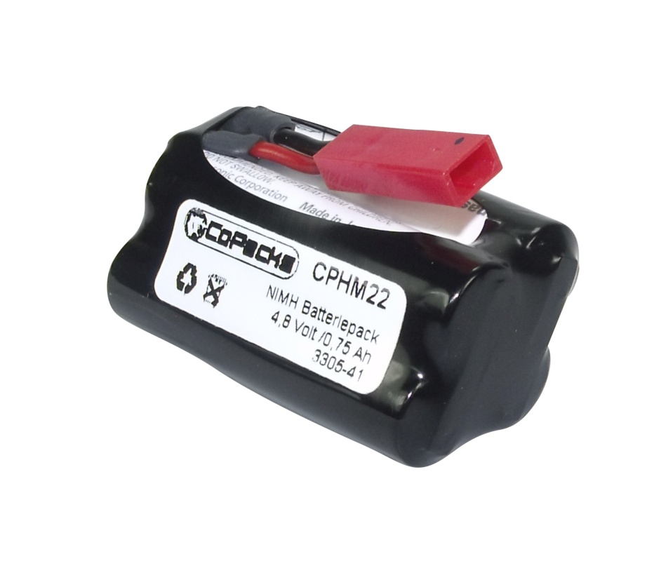 Batería NiMH negra de CoPacks, modelo CPHM22, 4,8 V y 0,75 Ah, para equipos de radio HM-Funktechnik HM22xx o Winch Chief para silvicultura. Batería compacta con conector rojo y dos cables.