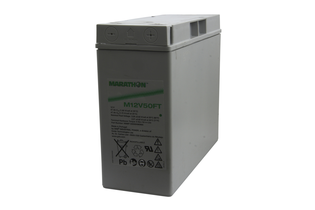 Exide ’s grey, rectangular AGM lead-fibre battery, the Marathon M12V50FT, viewed from a slightly elevated angle. Front: green label featuring the Marathon logo, model number, 12 V, 47 Ah and safety instructions. Top: terminals with covers.