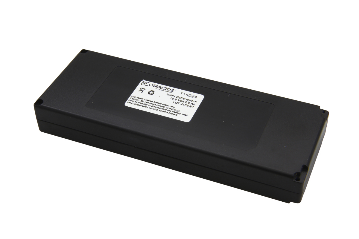 Schwarzer, rechteckiger CoPacks NiMH Akku mit glatter Oberfläche. Weißes Etikett mit CoPacks Logo, "NiMH Batteriepack", Daten "10.8 Volt 2.0 Ah" und Sicherheitshinweisen. Für Laird Cattron Theimeg Funkfernsteuerungen BT081-00061.