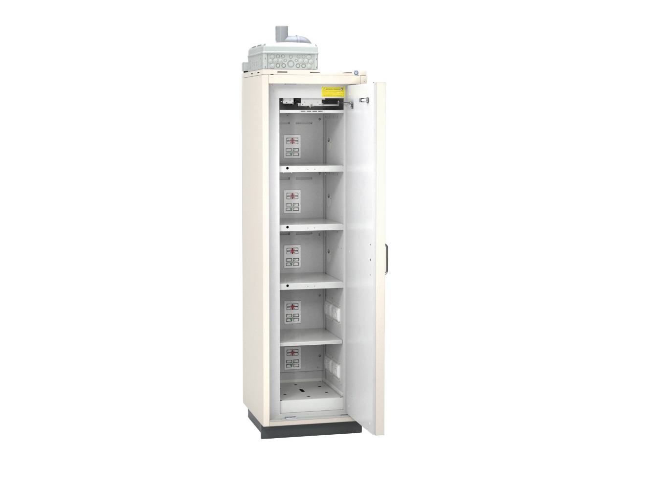 Beige-coloured PELLENC safety cabinet with an open door and visible interior fittings. Four white storage shelves with 16 integrated sockets for storing and charging Li-ion batteries. Ventilation at the top, dark plinth.