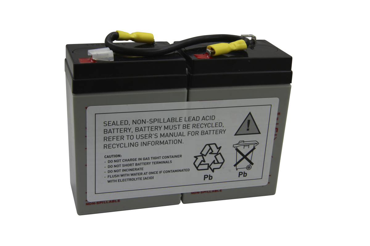 Two grey, rectangular, sealed lead-acid batteries are connected via a short black cable with yellow plugs. Front label: ‘SEALED, NON-SPILLABLE LEAD ACID BATTERY’, recycling symbols, instructions. Replacement battery for APC RBC1 battery.