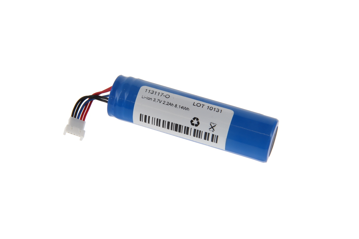 Blue, cylindrical Datalogic Li-ion battery with a white label. Labelled: "Li-ion 3.7V 2.2Ah 8.14Wh", batch number, barcode and disposal symbols. White connector with 4 cables (black, red, blue, white).
