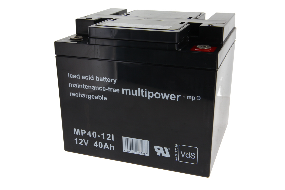 Black, rectangular Multipower MP40-12I lead-acid battery, labelled ‘12V 40Ah’ on the front. Two M6 screw terminals on top, one with a red ring for the positive terminal. Maintenance-free, rechargeable, with VdS approval symbol.
