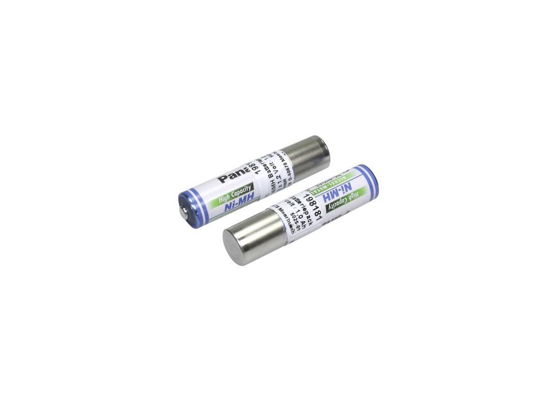Two silver NiMH battery cells are staggered on a white background. Blue/green text: ‘High Capacity’, ‘Ni-MH’. Specs ‘1.2 volts’ and ‘1.0 Ah’ show it is a replacement battery pack for Philips dictation machines.