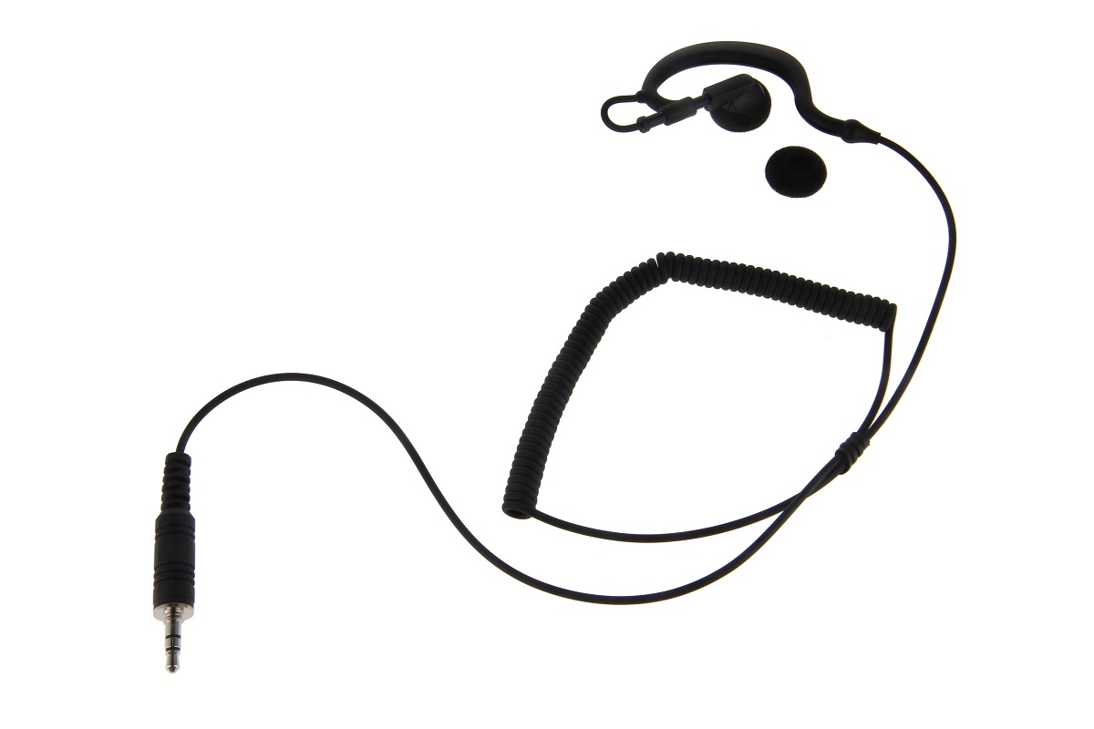 Auriculares negros GES-02 con gancho ergonómico, cable en espiral largo y conector de 3,5 mm con rosca sobre fondo blanco. Pequeña almohadilla redonda de espuma colocada aparte junto a ellos.