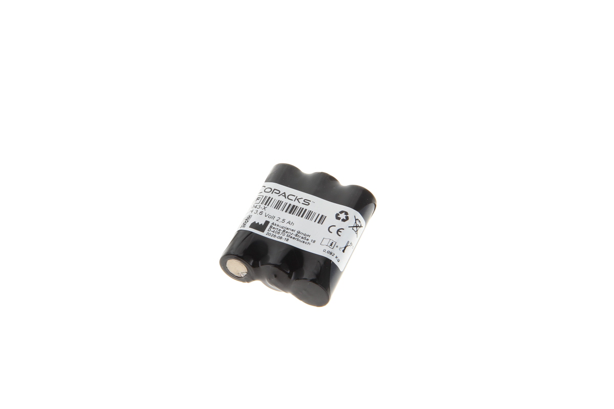 Black CoPacks NiMH battery pack with three cylindrical cells, shown diagonally on a white background. White label shows COPACKS, 3.6 Volt 2.5 Ah and other specs, plus recycling symbols. Suitable for PSC/Percon Falcon scanners.
